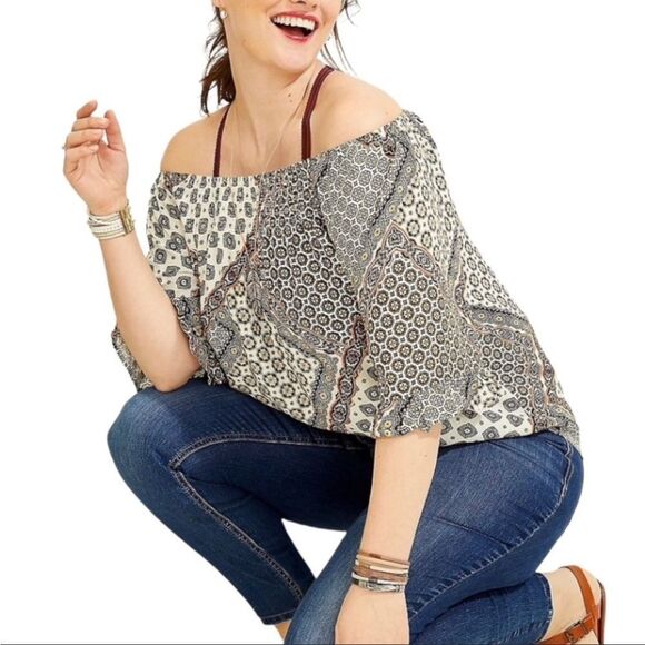 Maurices Brown bandana print off the shoulder top size Small NWT Small - Picture 2 of 5